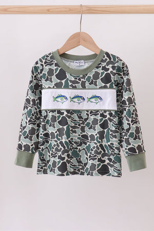 Camouflage fish embroidery ruffle top