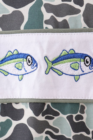 Camouflage fish embroidery ruffle top