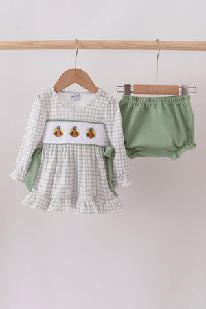 Green turkey embroidery ruffle bloomer set