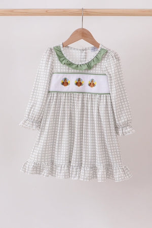 Green turkey embroidery gingham ruffle dress