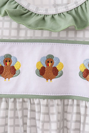 Green turkey embroidery gingham ruffle dress