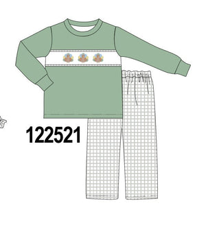Green turkey embroidery gingham pants set