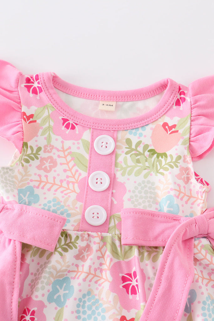 Pink floral print ruffle buttons girl romper