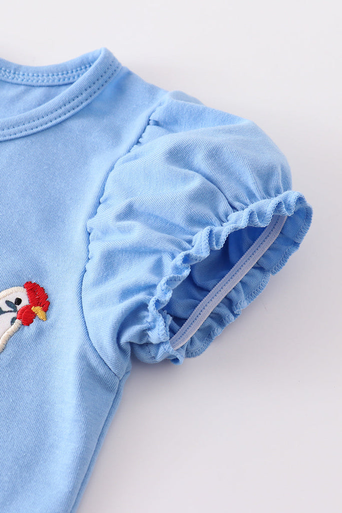 Blue chicken embroidery ruffle girl set