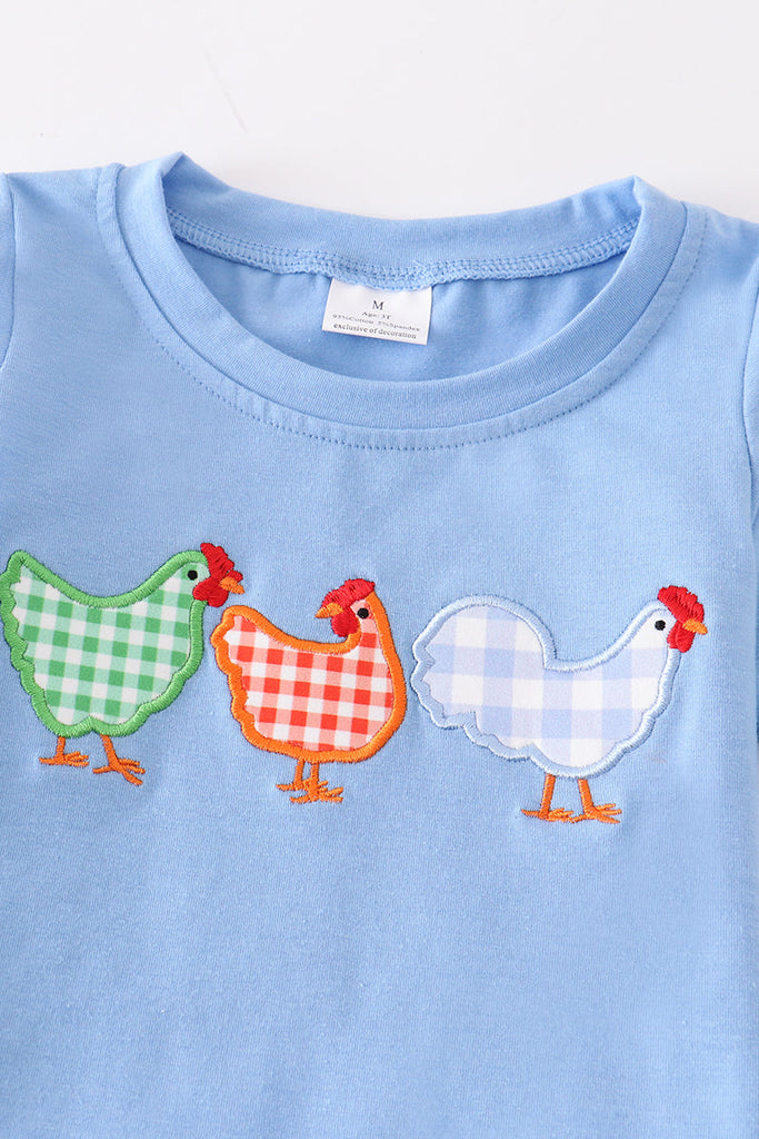 Blue chicken embroidery plaid boy set