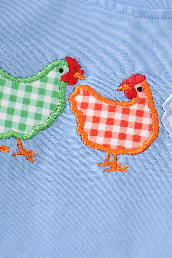 Blue chicken embroidery plaid boy set