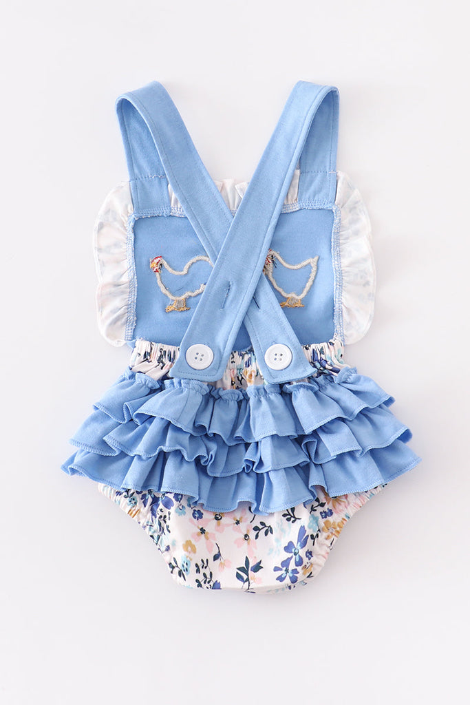 Blue chicken embroidery strap baby romper