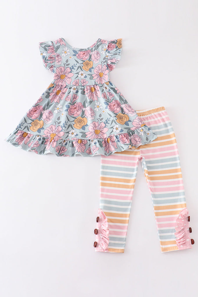 Floral print ruffle stripe girl set