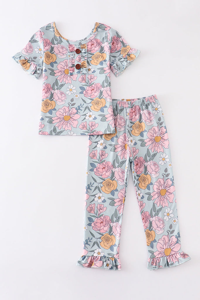 Green floral print girl pajamas set