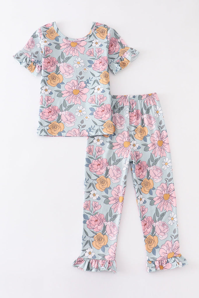 Green floral print girl pajamas set