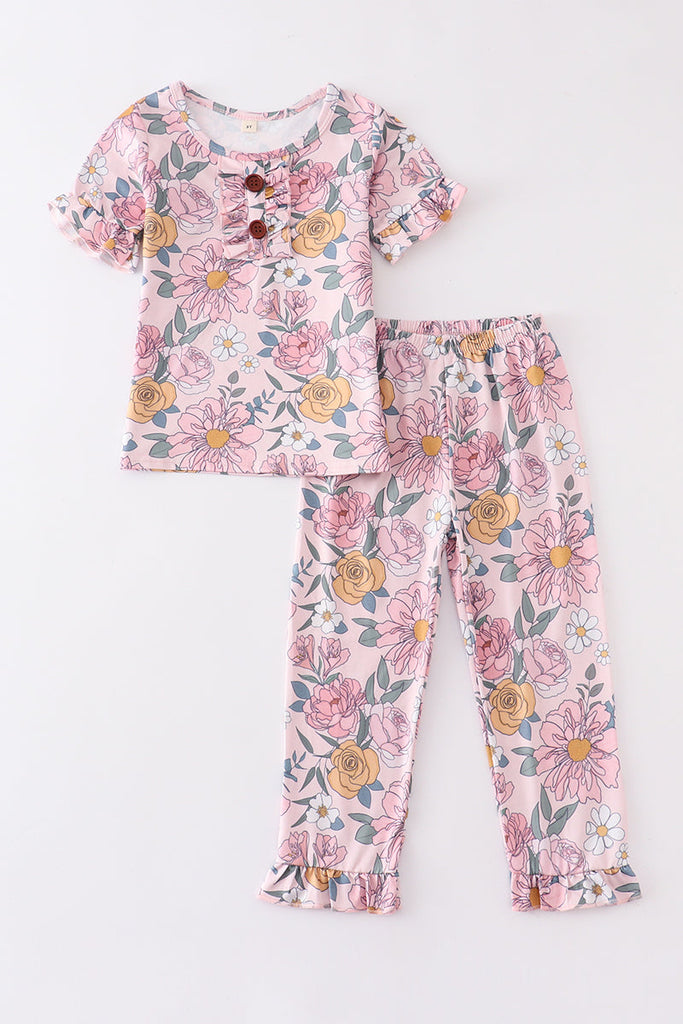 Pink floral print ruffle girl pajamas