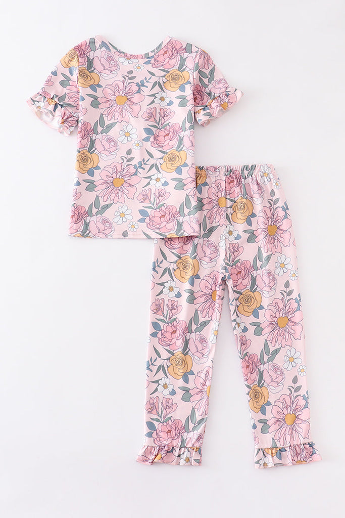Pink floral print ruffle girl pajamas