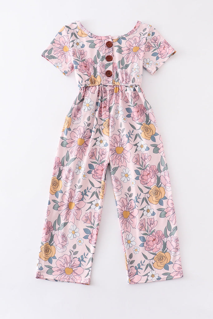 Pink floral print girl jumpsuit