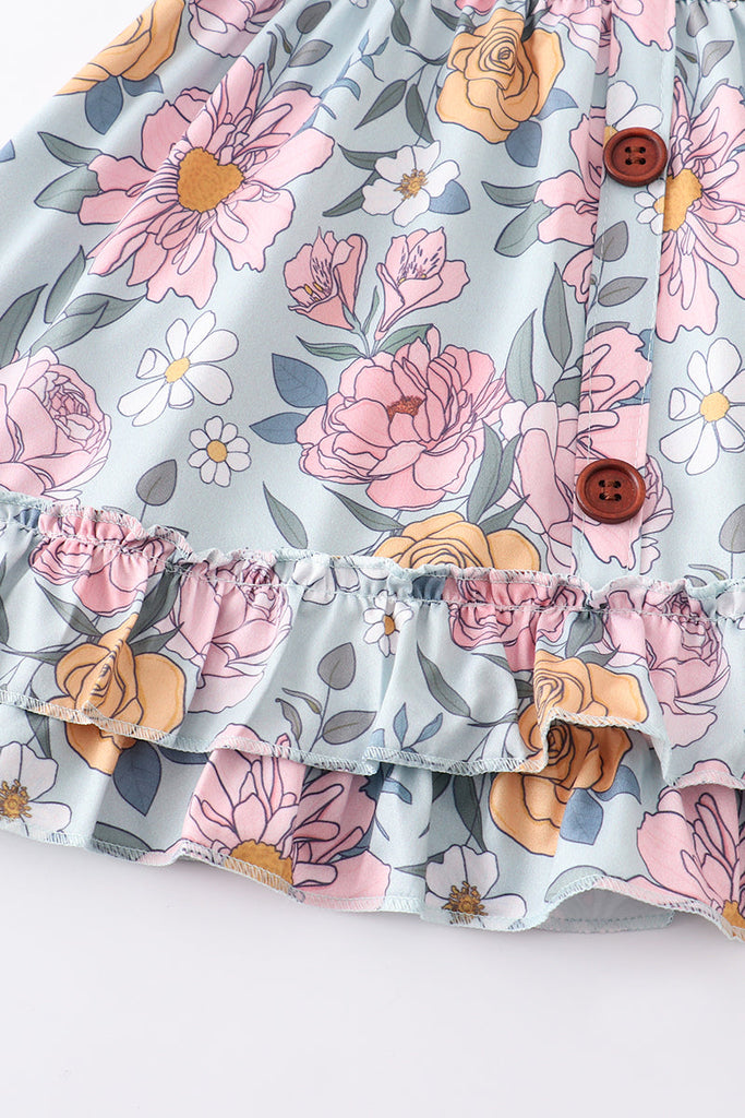 Floral print strap ruffle dress