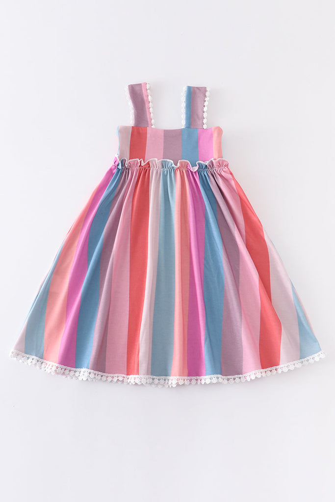 Rainbow stripe ruffle strap girl dress