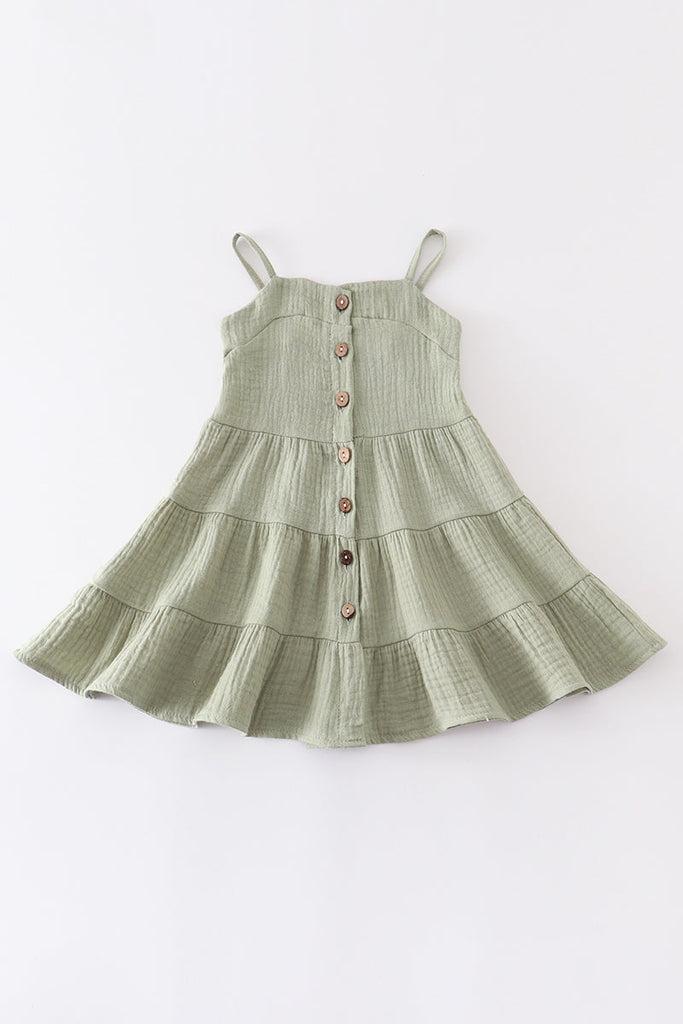 Green linen tiered button down dress