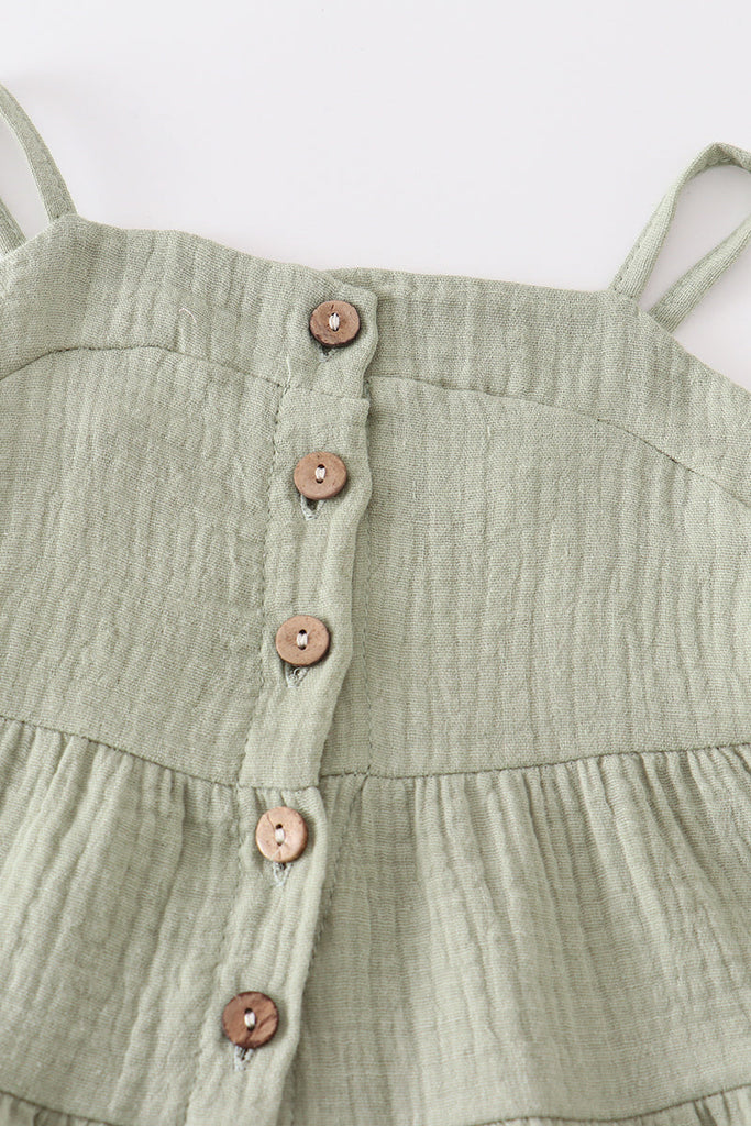 Green linen tiered button down dress