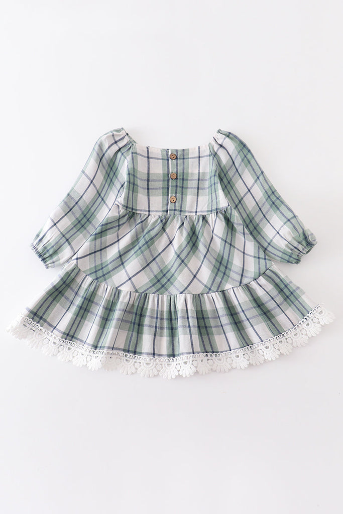 Green plaid tiered lace dress
