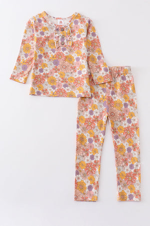 Retro pink floral print pajamas set