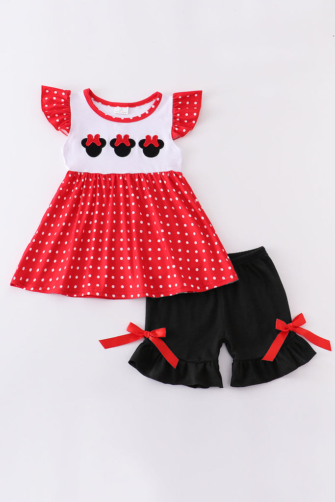 Red character embroidery ruffle girl set