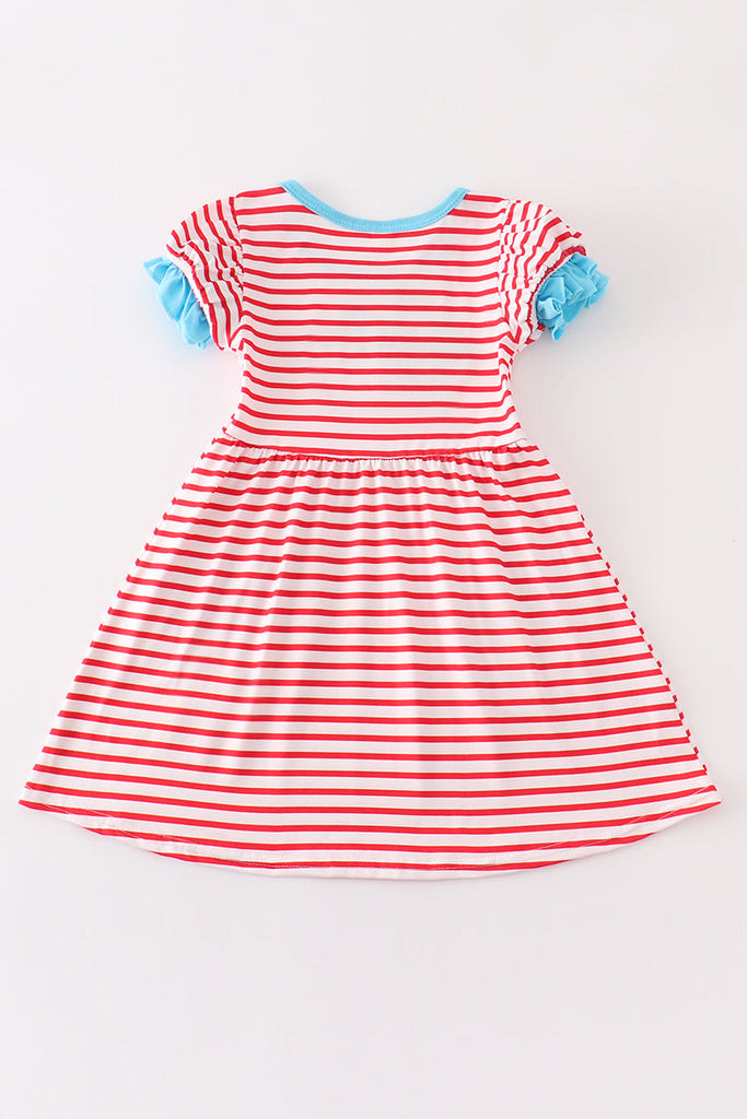 Red stripe back to school apple embroidery dress