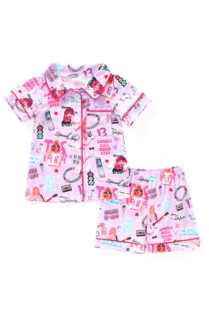 Pink music fan print girl pajamas set