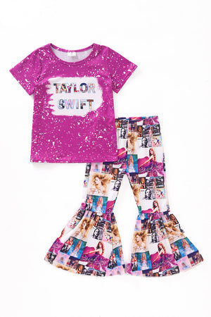 Purple music fan print girl bell pants set