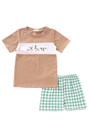 Green duck embroidery plaid boy set