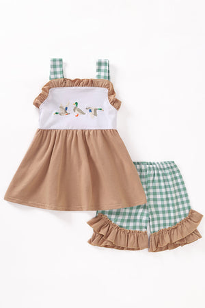 Green duck embroidery plaid girl set