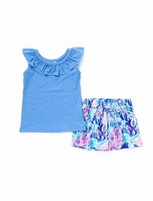 Blue seagrass print girl shorts set