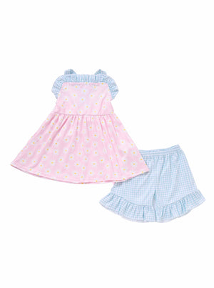 Pink daisy floral print ruffle girl shorts set
