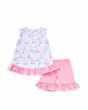 Pink sailboat print girl shorts set