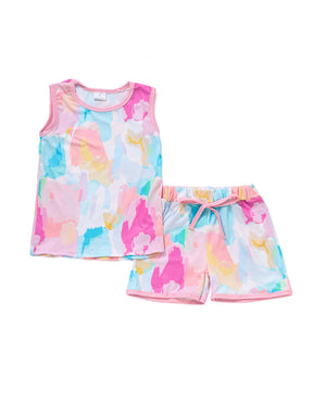 Multicolored watercolor print girl shorts set