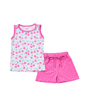 Pink cherry print girl shorts set
