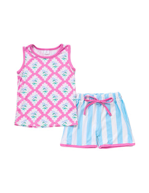 Pink floral print stripe girl shorts set