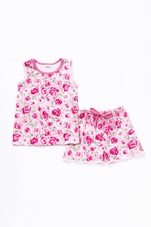 Pink floral print lace girl shorts set