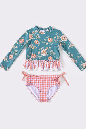 Teal floral ruffle 2pc girl swimsuit