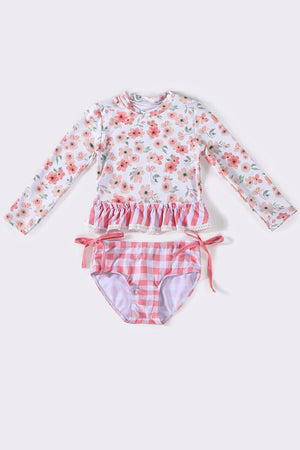 Pink floral ruffle 2pc girl swimsuit