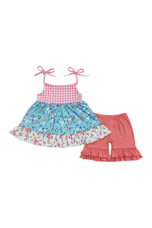 Red plaid floral print tiered strap girl set