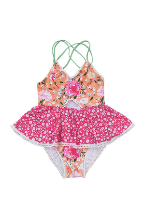 Red floral print strap one-piece girl swimsuit