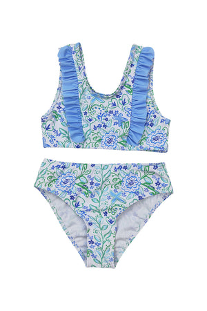 Blue floral print ruffle 2pc girl swimsuit