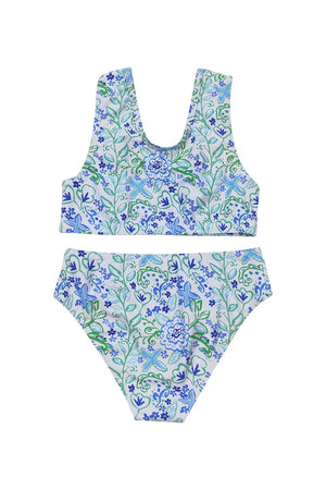 Blue floral print ruffle 2pc girl swimsuit
