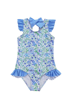 Blue floral print ruffle one-piece girl swimsuit