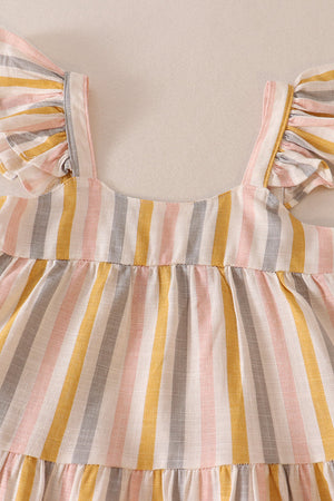 Multicolored stripe tiered ruffle linen dress