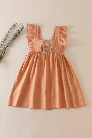 Blush floral embroidery ruffle linen dress