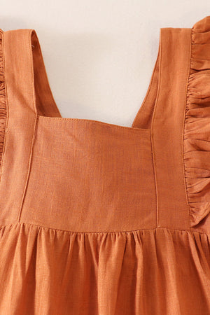 Brown ruffle linen dress