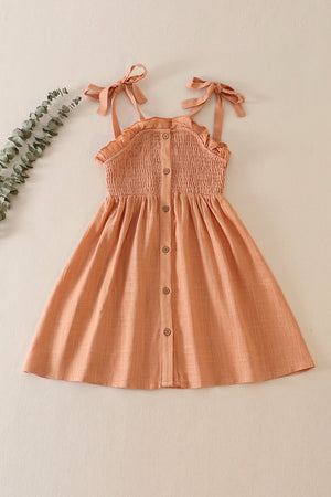 Coral linen smocked button dress