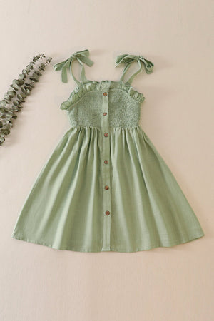 Sage linen smocked button dress