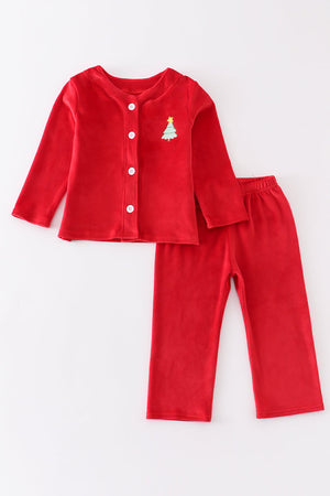 Red velvet santa embroidered boy pajamas set