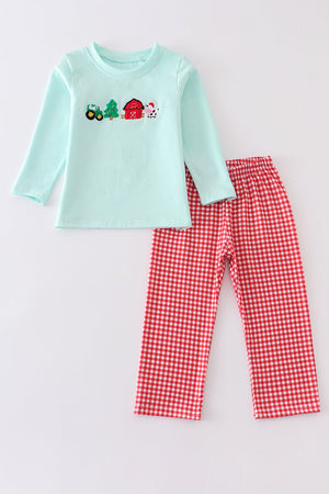 Red plaid farm french knot embroidery boy set